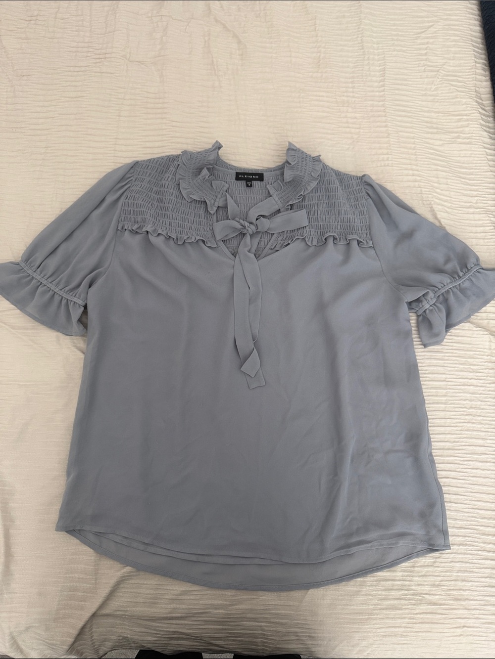 Pleione Light grey Tie-Neck Ruffle Blouse